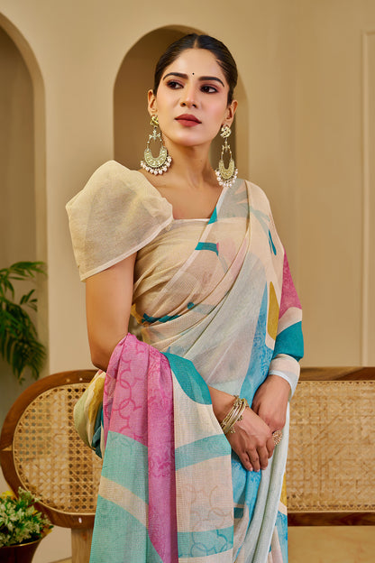 Cream Floral Tissue Cotton Saree with Zari Work and Tassels for Women