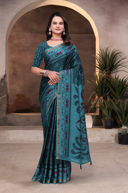 Teal Mal Cotton Woven Saree With Blouse Piece for Women
