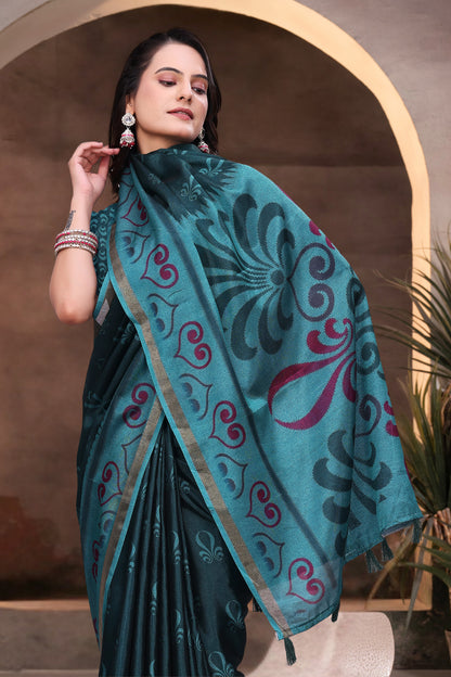 Teal Mal Cotton Woven Saree With Blouse Piece for Women