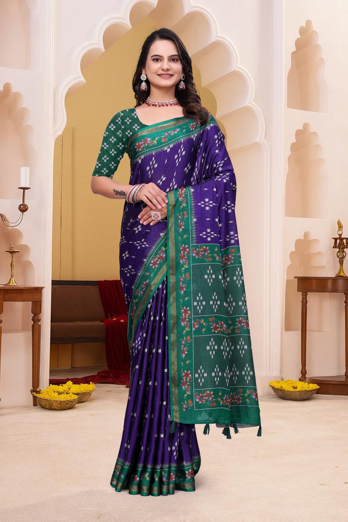 Purple Mal Cotton Patterned Saree With Blouse for Women