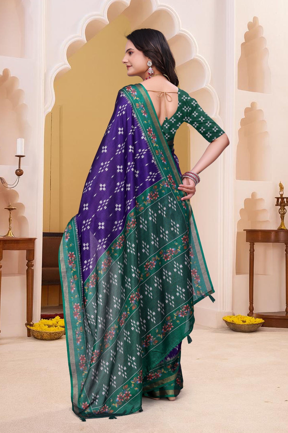 Purple Mal Cotton Patterned Saree With Blouse for Women