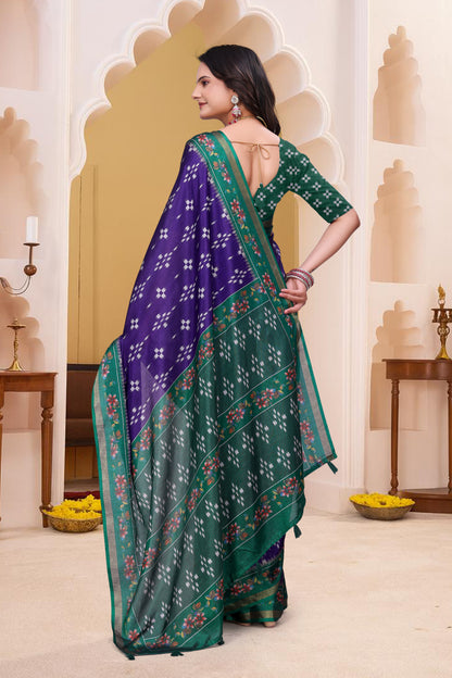 Purple Mal Cotton Patterned Saree With Blouse for Women
