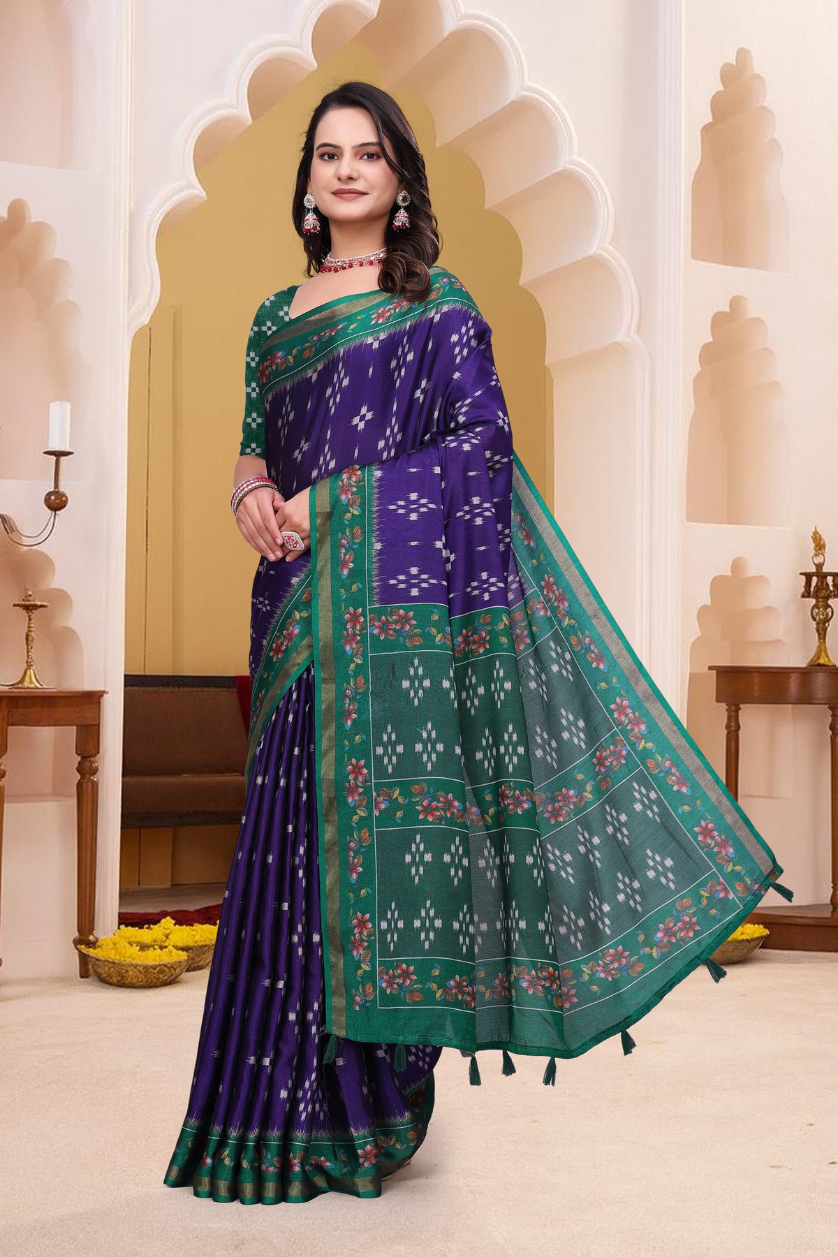 Purple Mal Cotton Patterned Saree With Blouse for Women
