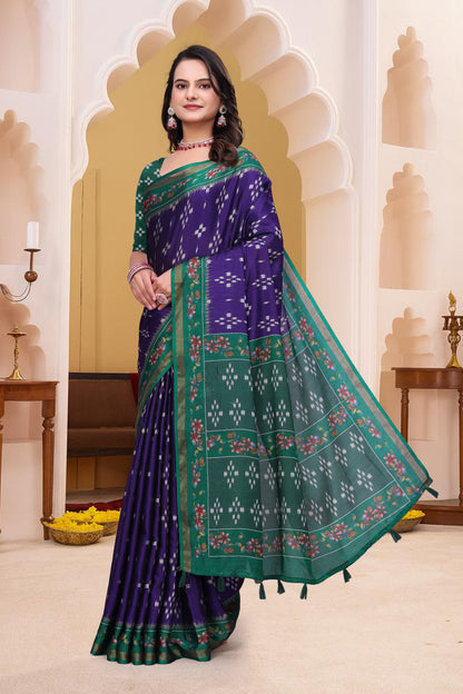 Purple Mal Cotton Patterned Saree With Blouse for Women