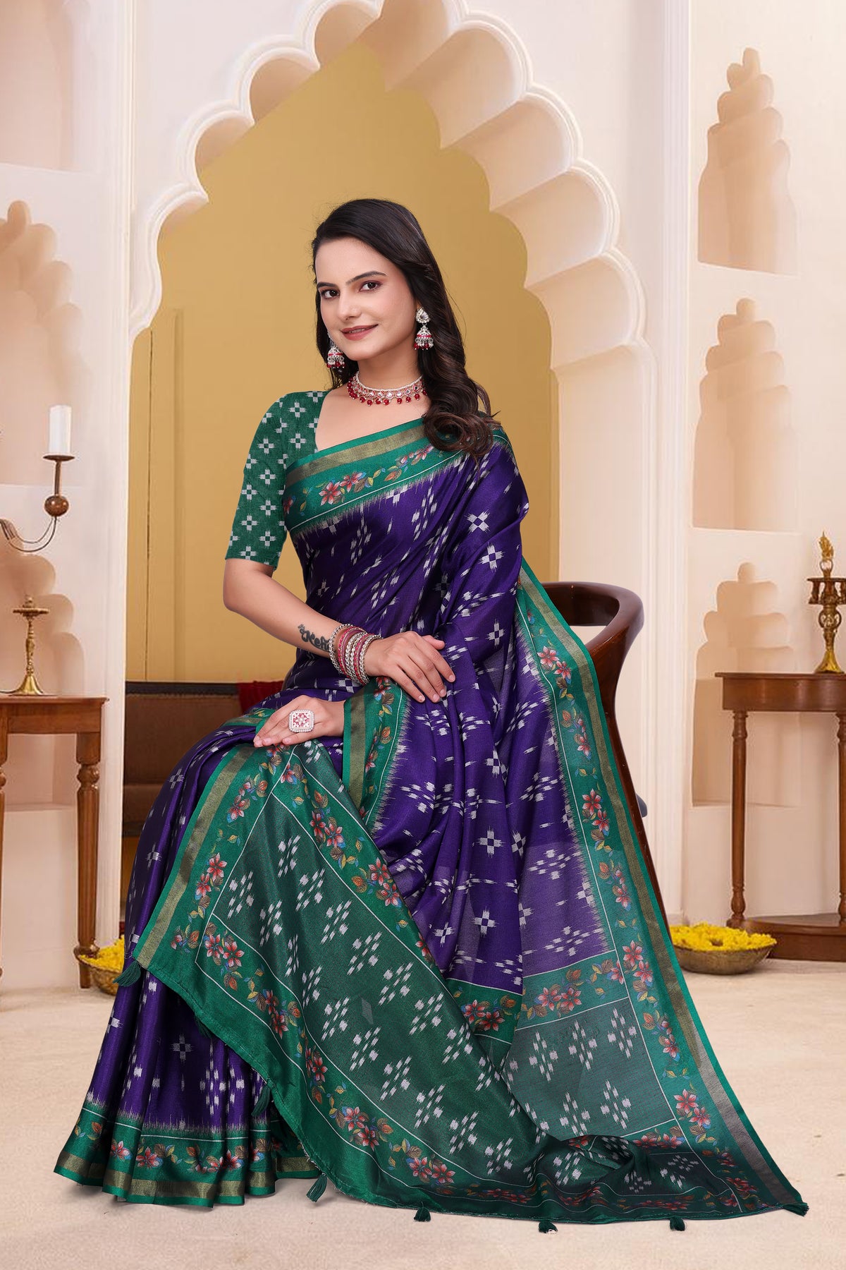 Purple Mal Cotton Patterned Saree With Blouse for Women