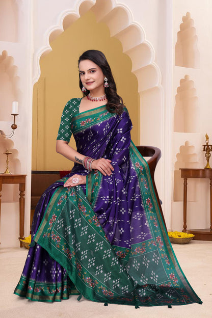 Purple Mal Cotton Patterned Saree With Blouse for Women