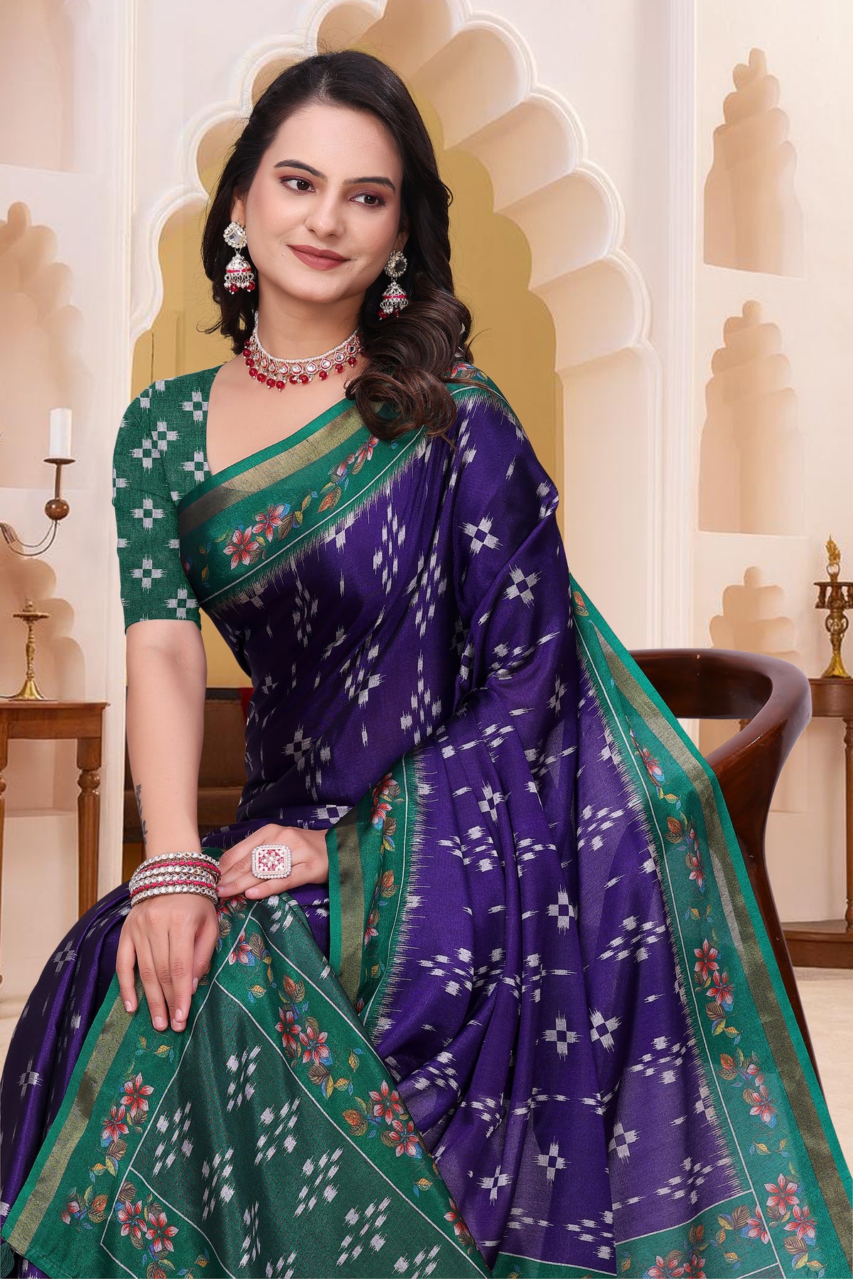 Purple Mal Cotton Patterned Saree With Blouse for Women
