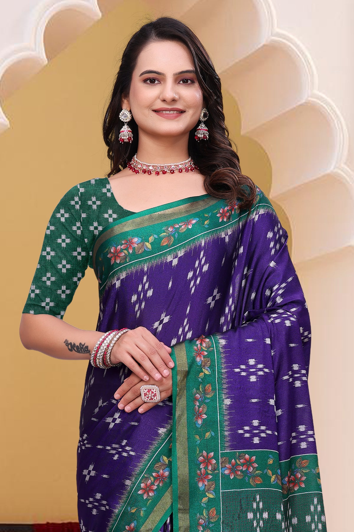 Purple Mal Cotton Patterned Saree With Blouse for Women