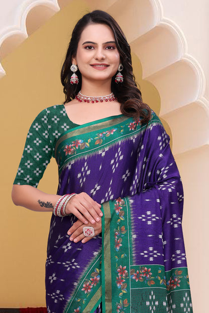 Purple Mal Cotton Patterned Saree With Blouse for Women