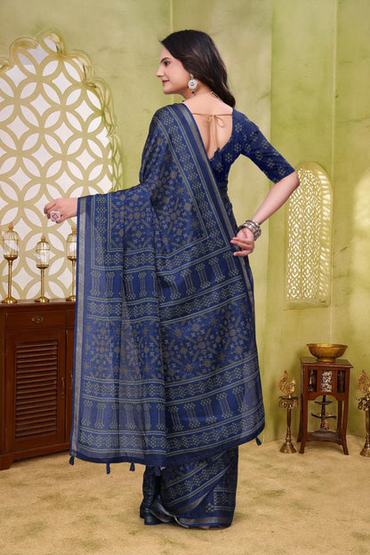Navy Blue Mal Cotton Woven Saree With Blouse for Women