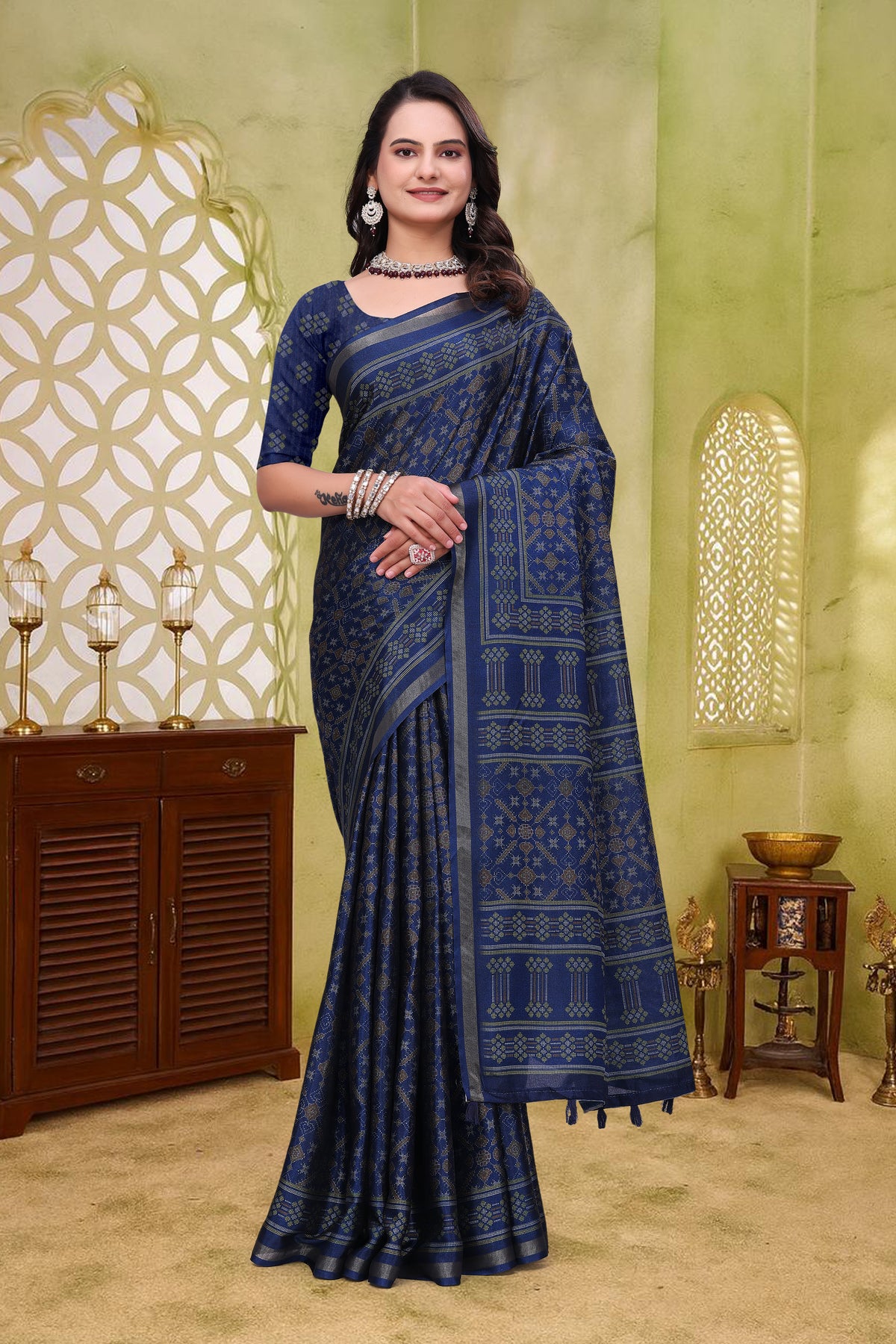 Navy Blue Mal Cotton Woven Saree With Blouse for Women