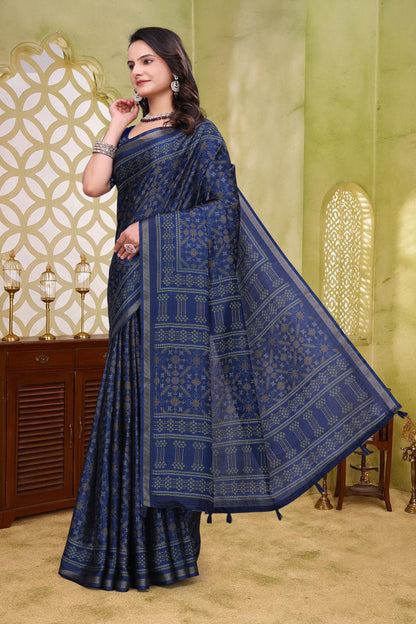 Navy Blue Mal Cotton Woven Saree With Blouse for Women