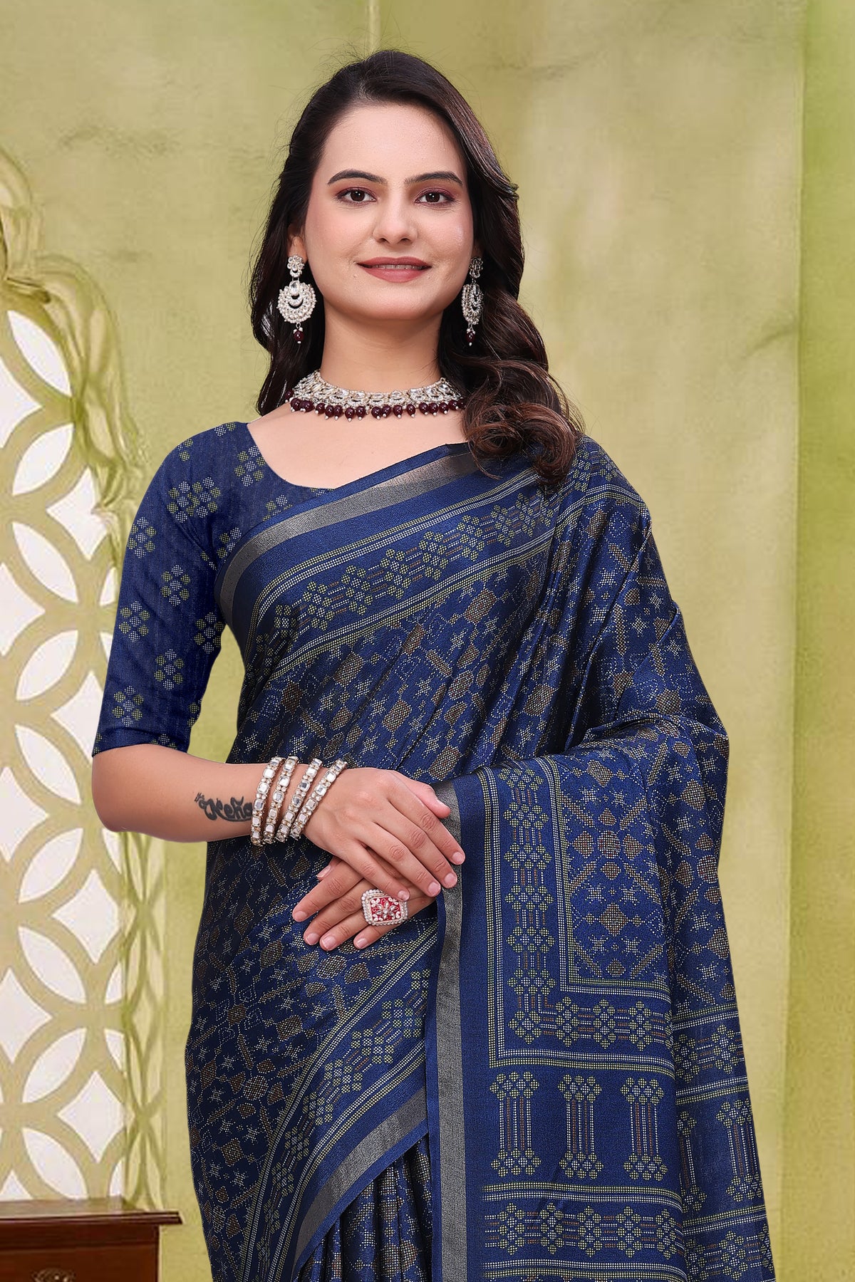 Navy Blue Mal Cotton Woven Saree With Blouse for Women