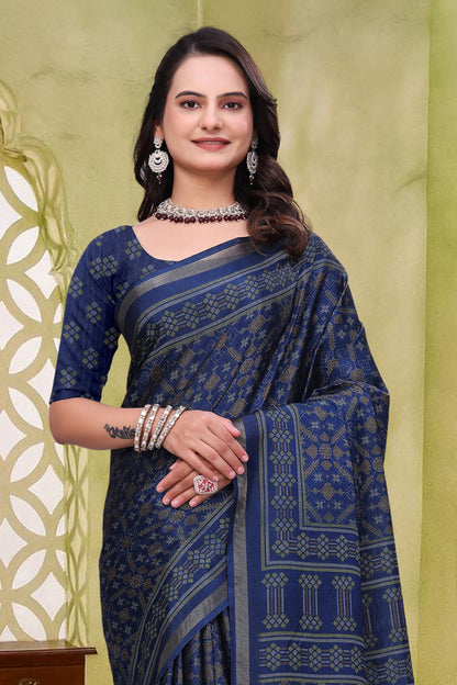 Navy Blue Mal Cotton Woven Saree With Blouse for Women