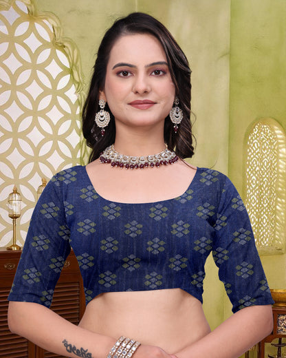 Navy Blue Mal Cotton Woven Saree With Blouse for Women
