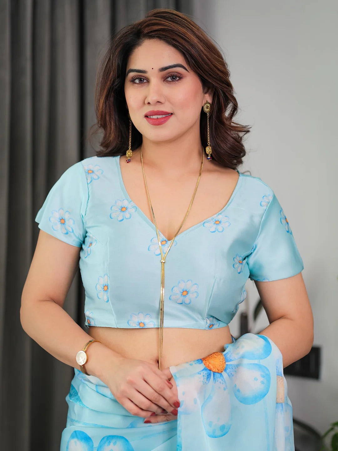 Pastel Blue Satin Floral Print Saree with Unstitched Blouse for Women