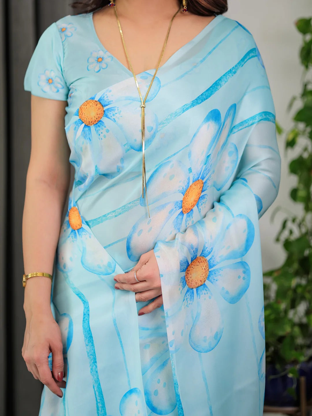 Pastel Blue Satin Floral Print Saree with Unstitched Blouse for Women