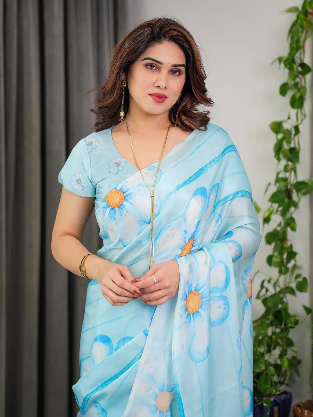 Pastel Blue Satin Floral Print Saree with Unstitched Blouse for Women