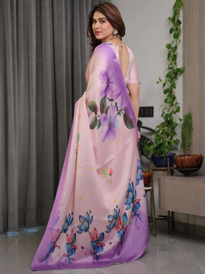 Pastel Pink Satin Floral Print Saree with Unstitched Blouse for Women