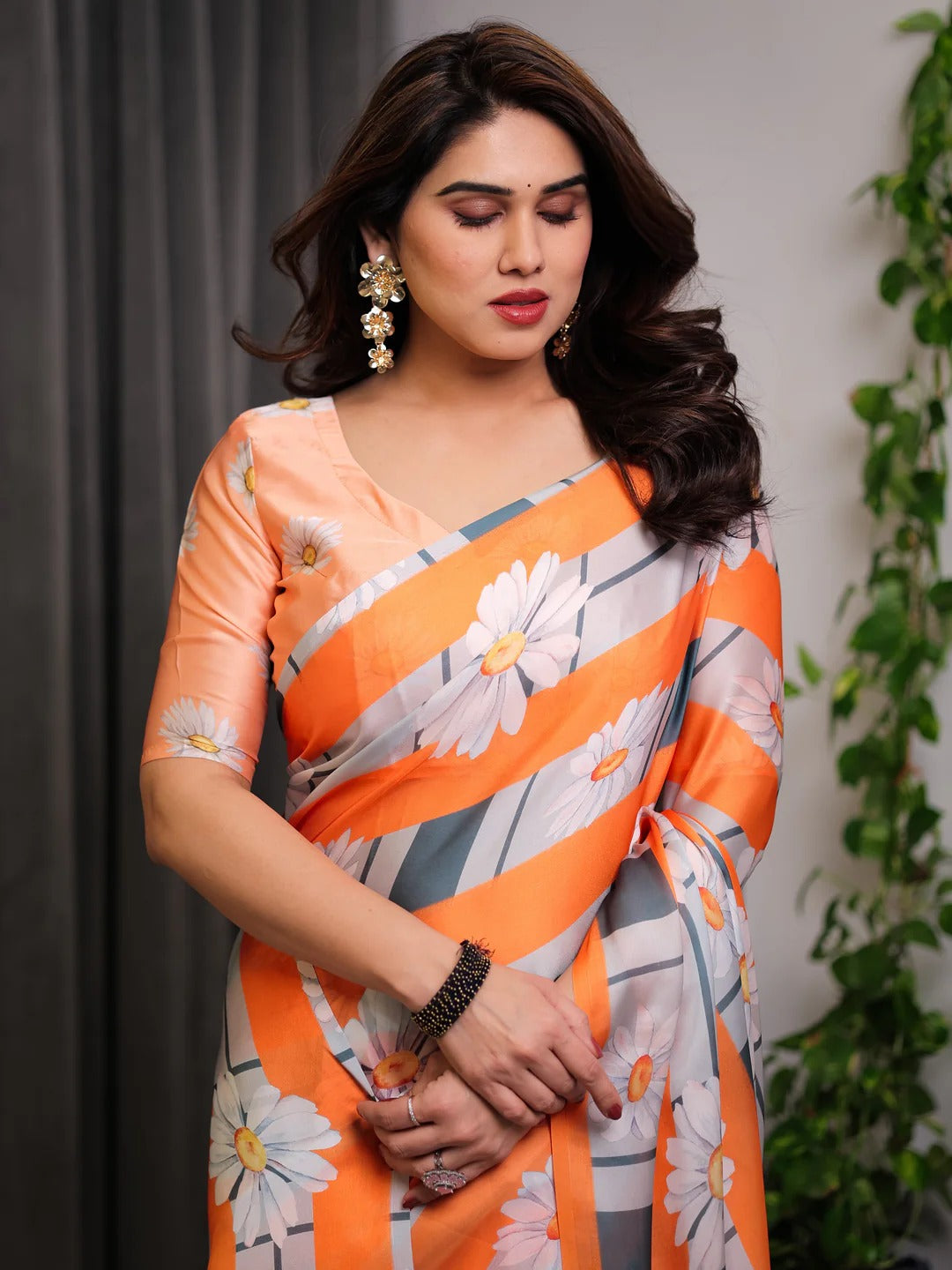 Orange Satin Floral Print Saree with Matching Blouse Fabric for Women