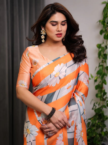 Orange Satin Floral Print Saree with Matching Blouse Fabric for Women