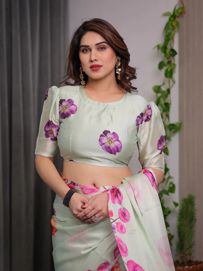 Mint Green Floral Satin Saree with Unstitched Blouse Fabric for Women