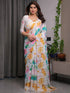 White Satin Floral Print Saree with Unstitched Blouse Piece for Women