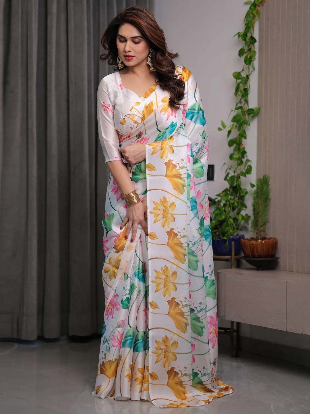 White Satin Floral Print Saree with Unstitched Blouse Piece for Women