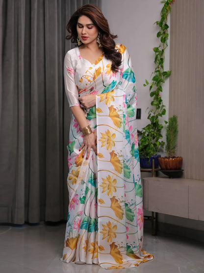 White Satin Floral Print Saree with Unstitched Blouse Piece for Women