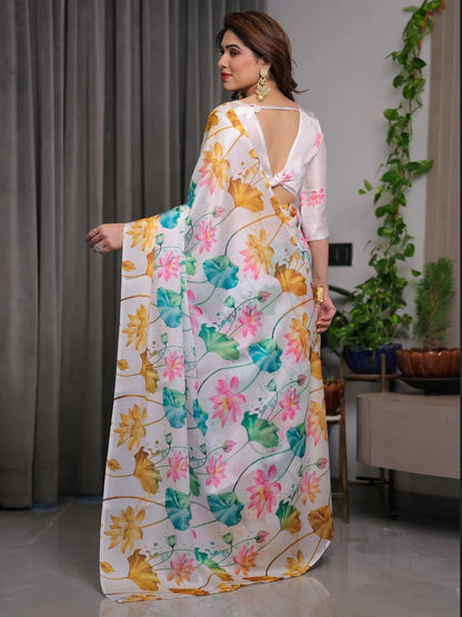 White Satin Floral Print Saree with Unstitched Blouse Piece for Women