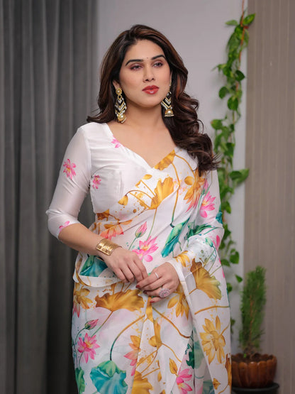 White Satin Floral Print Saree with Unstitched Blouse Piece for Women
