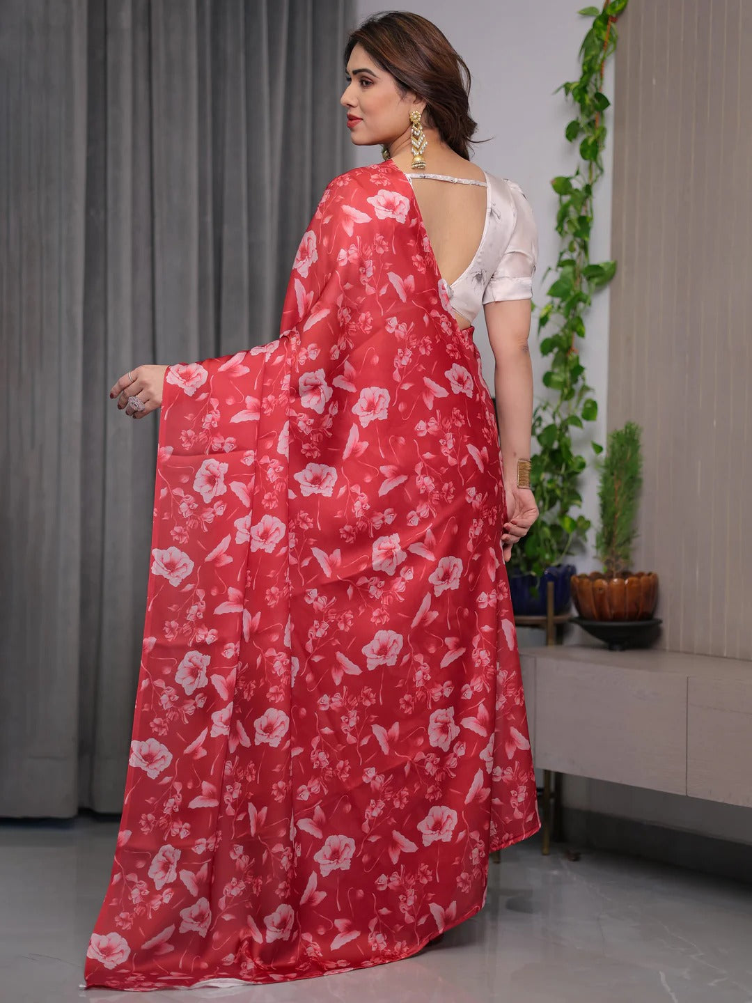 Red Satin Floral Print Saree with Unstitched Blouse Textile for Women