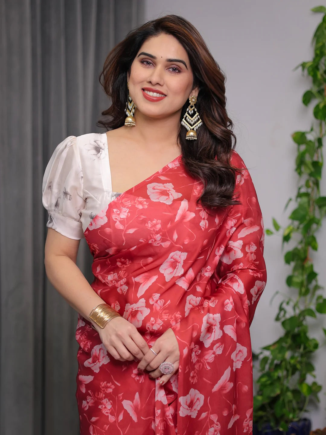 Red Satin Floral Print Saree with Unstitched Blouse Textile for Women