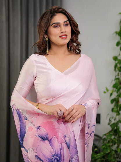 Light Pink Floral Satin Saree with Unstitched Blouse Fabric for Women