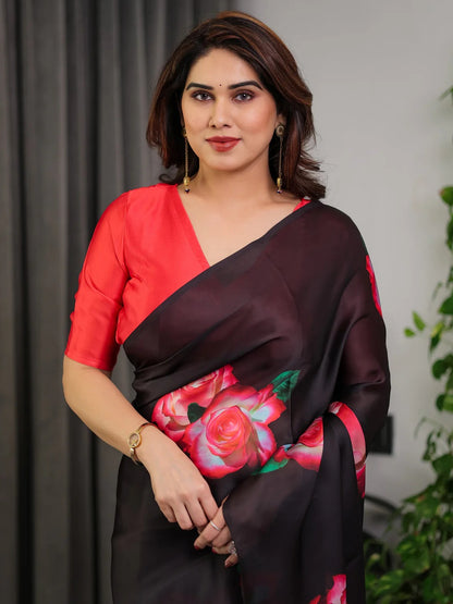 Black Satin Rose Floral Saree with Unstitched Blouse Fabric for Women