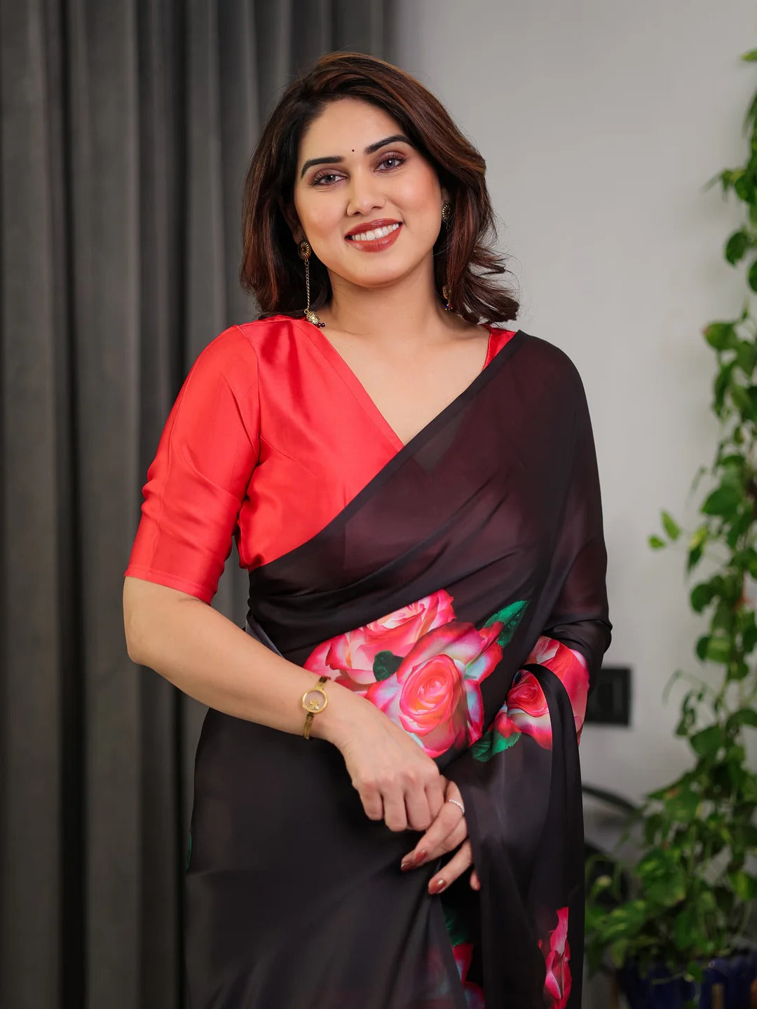 Black Satin Rose Floral Saree with Unstitched Blouse Fabric for Women