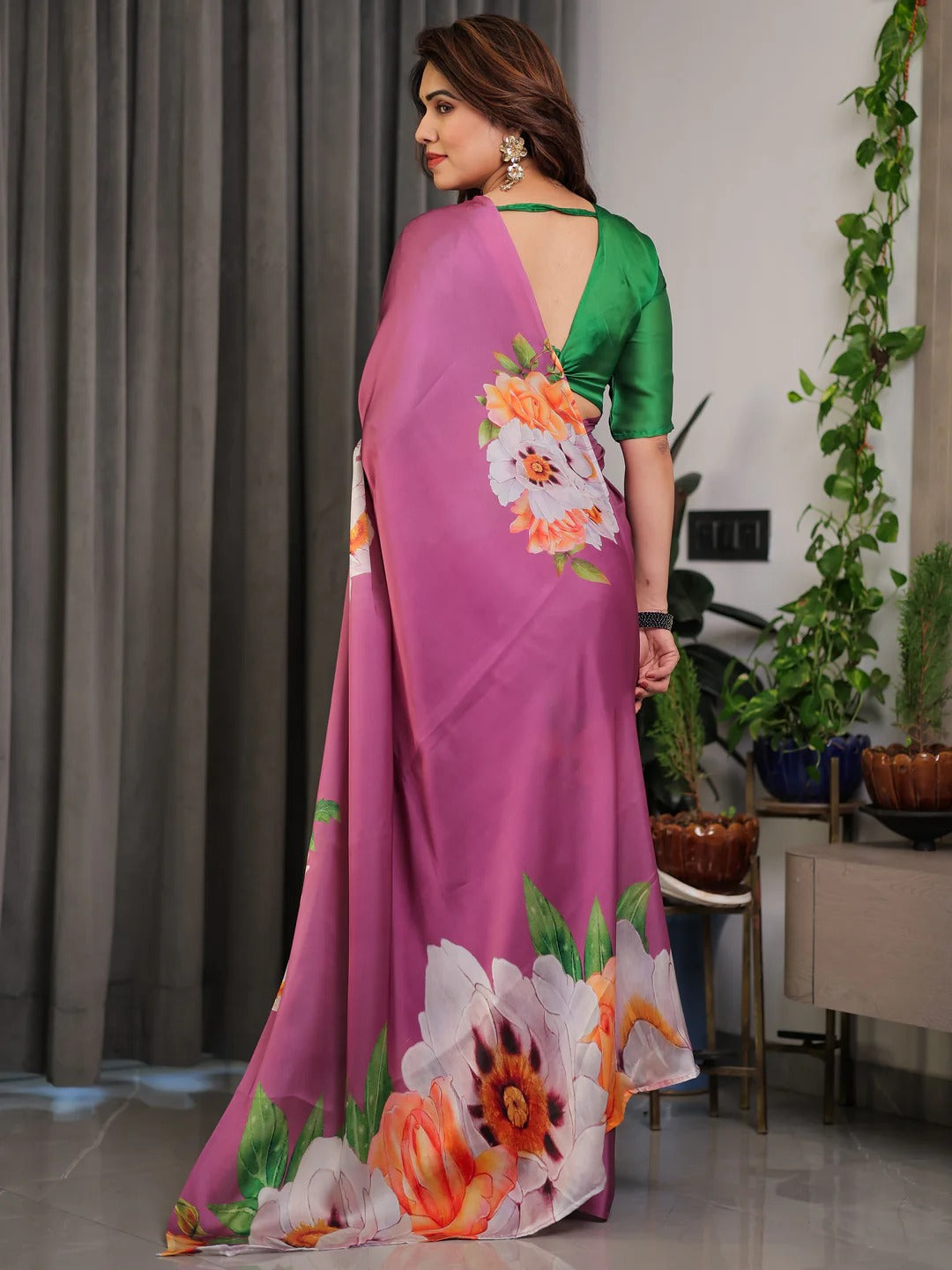 Plum Satin Floral Print Saree with Unstitched Blouse Fabric for Women