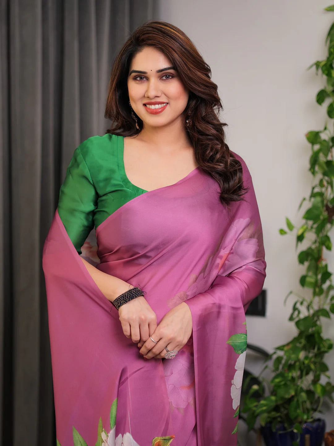 Plum Satin Floral Print Saree with Unstitched Blouse Fabric for Women