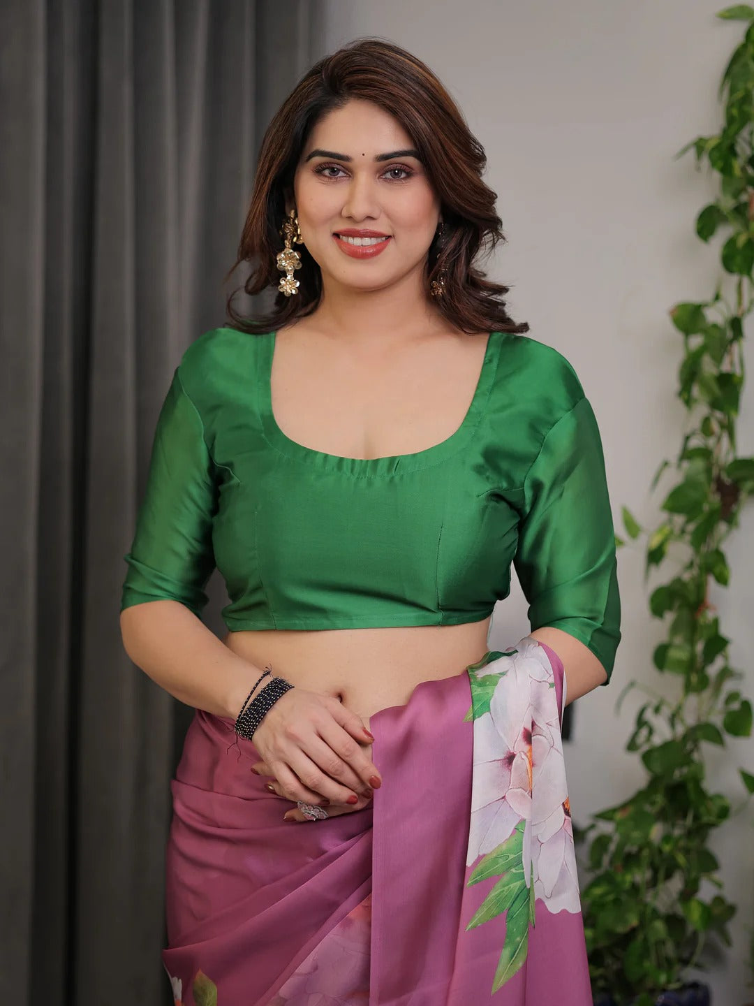 Plum Satin Floral Print Saree with Unstitched Blouse Fabric for Women