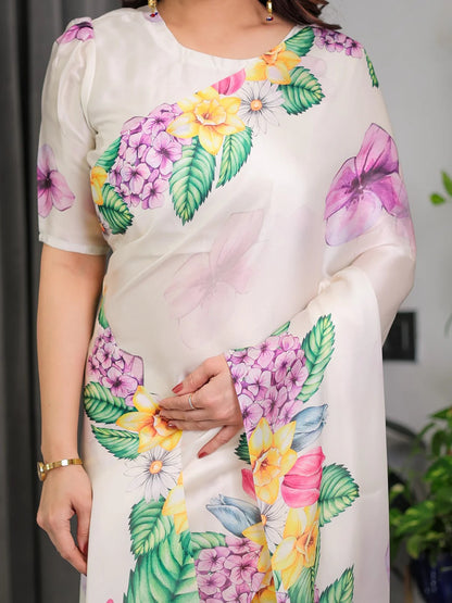 Cream Floral Satin Saree with Unstitched Blouse 5 for Women