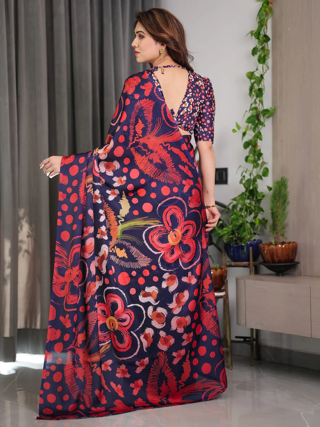Navy Blue Printed Satin Saree with Blouse for Women