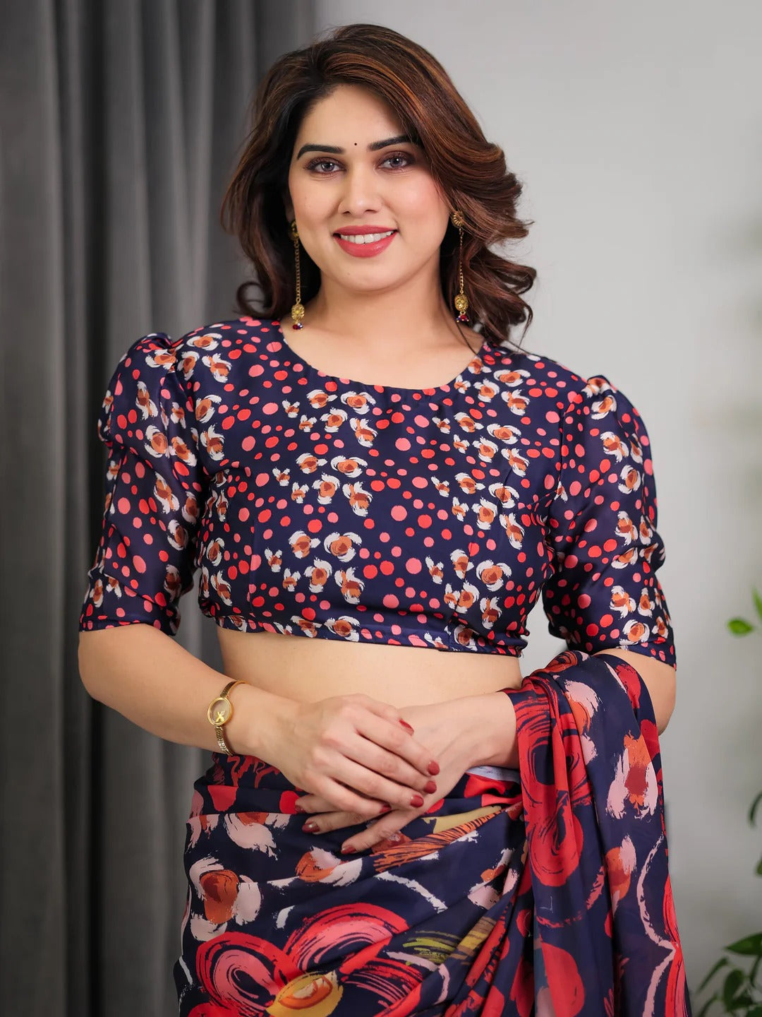 Navy Blue Printed Satin Saree with Blouse for Women