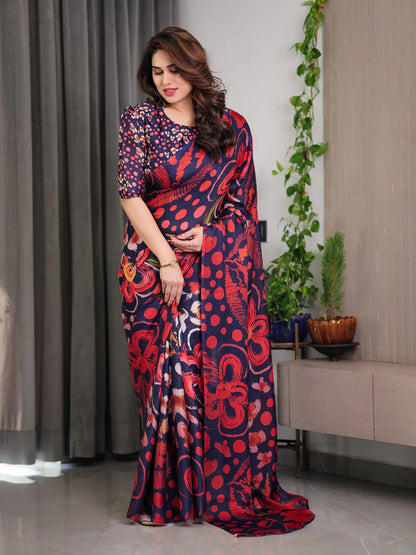 Navy Blue Printed Satin Saree with Blouse for Women