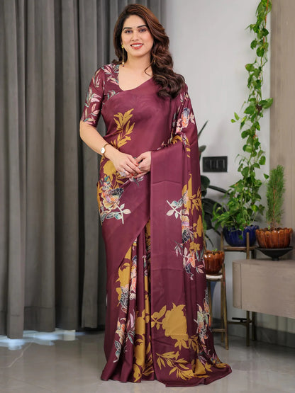 Wine Floral Satin Saree with Unstitched Blouse for Women