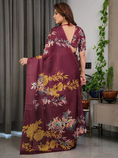 Wine Floral Satin Saree with Unstitched Blouse for Women