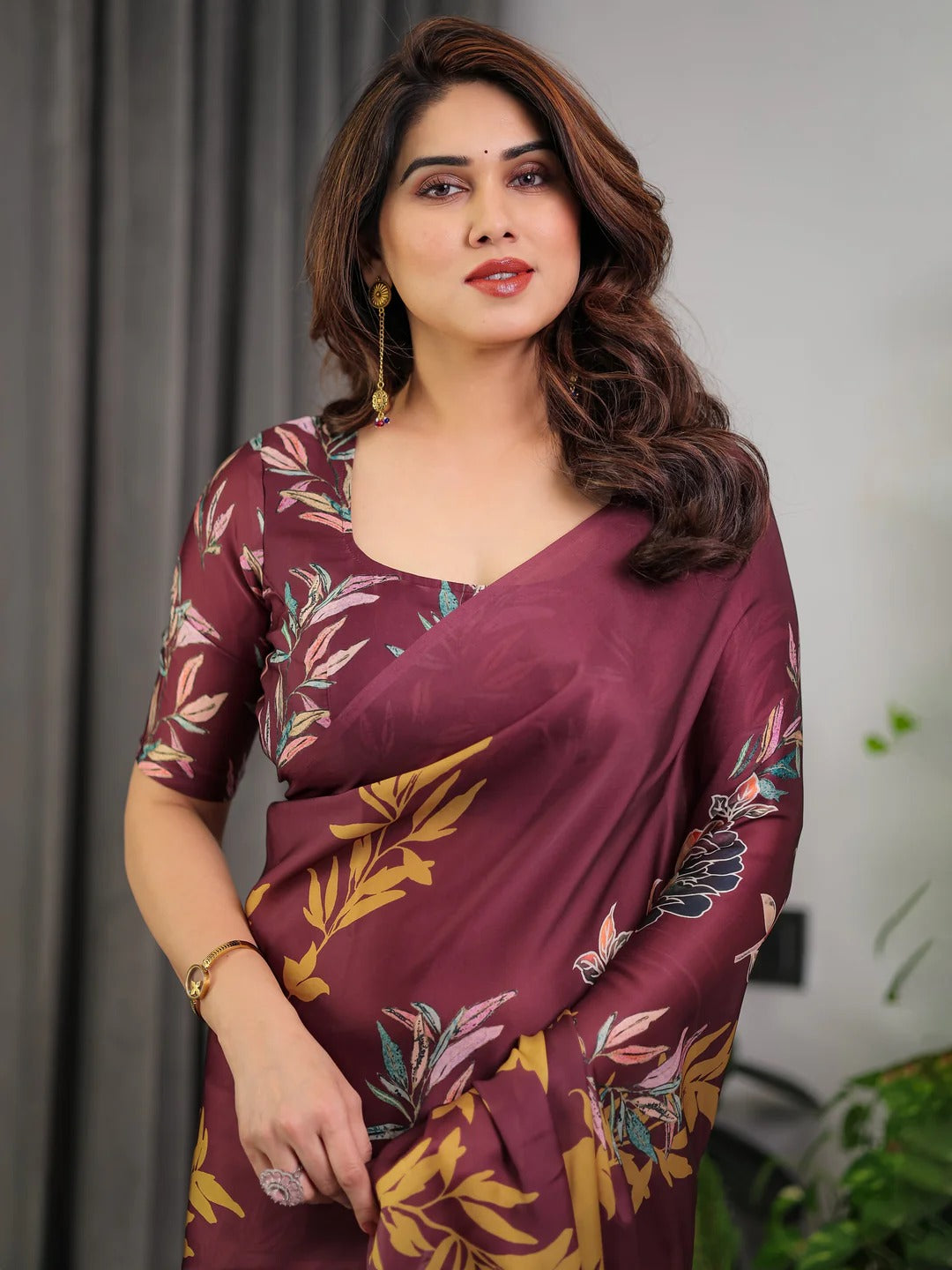 Wine Floral Satin Saree with Unstitched Blouse for Women