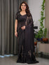 Black Satin Saree with Leaf Print & Blouse for Women