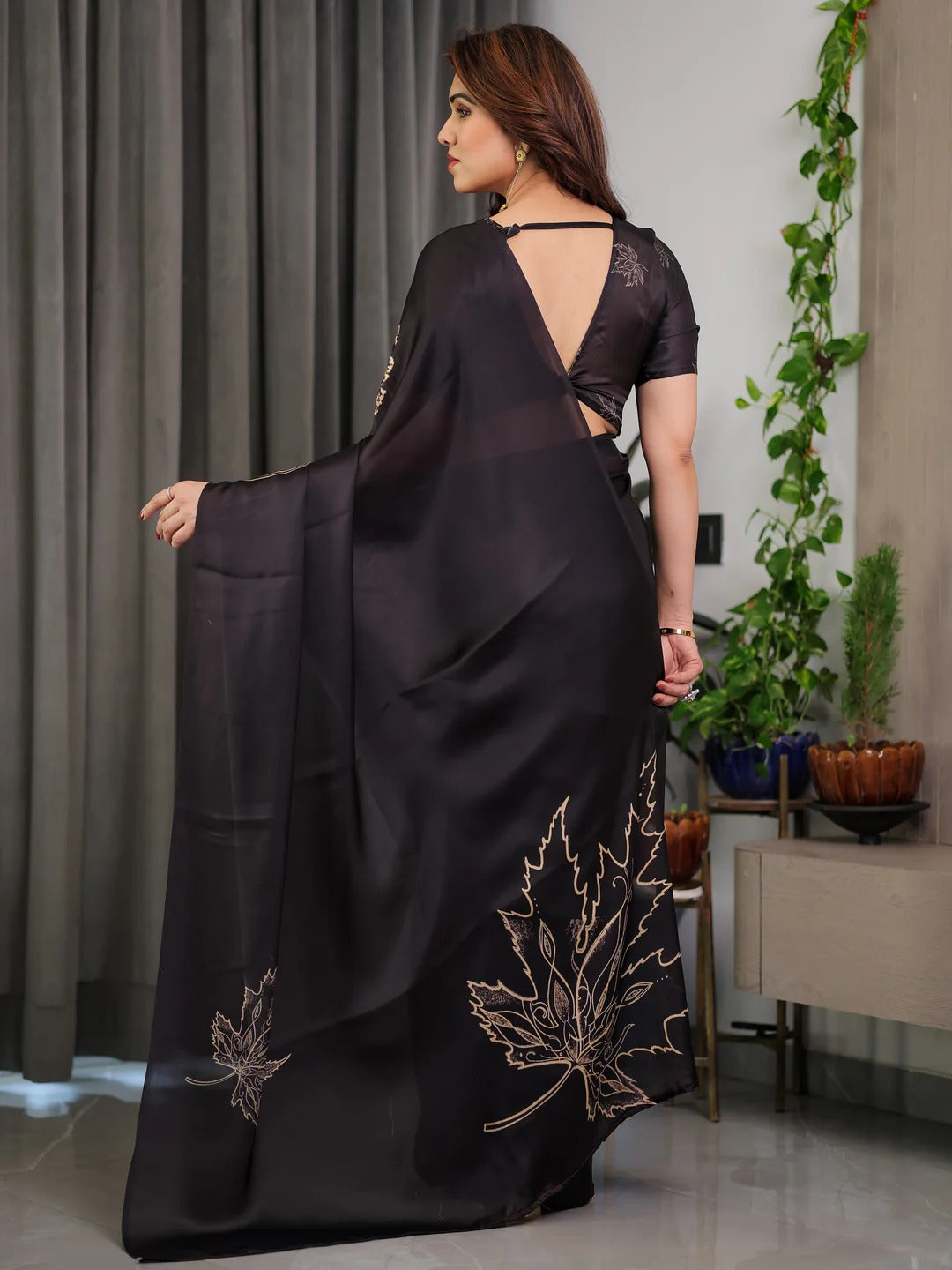 Black Satin Saree with Leaf Print &amp; Blouse for Women