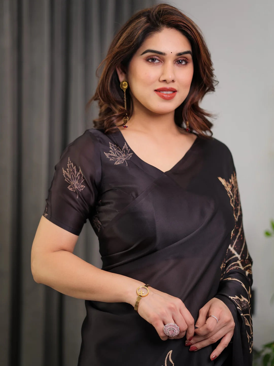 Black Satin Saree with Leaf Print &amp; Blouse for Women