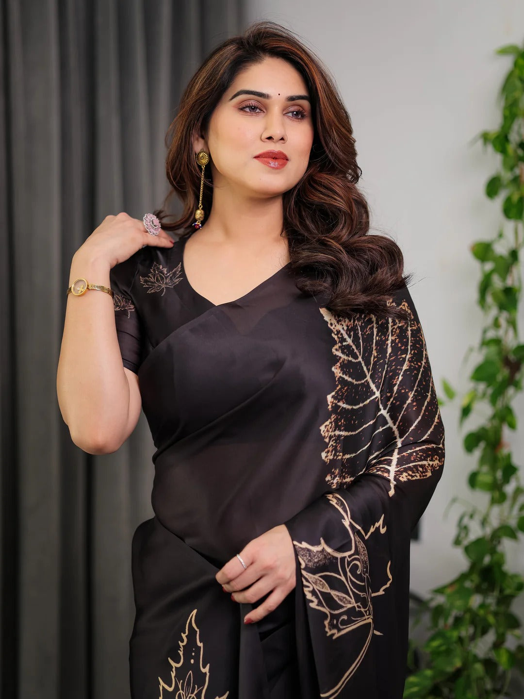 Black Satin Saree with Leaf Print &amp; Blouse for Women